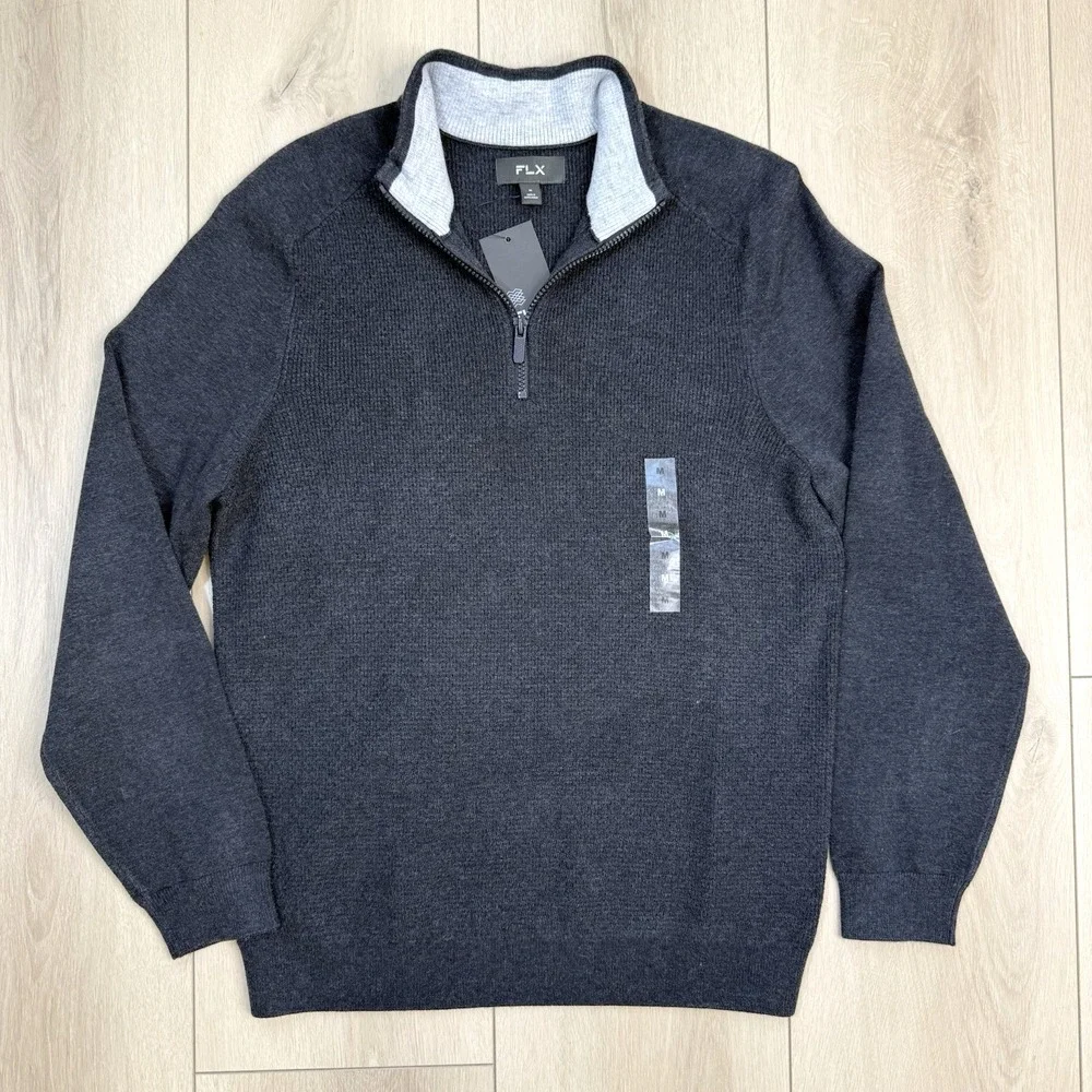 NEW FLX 1/4 Zip Sweater Men's M Charcoal Gray Mock Neck Pullover Knit Bangladesh